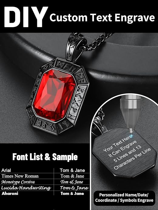 ChainsHouse Viking Rune Pendant Necklace for Men Women, Punk Biker Black Metal/316L Stainless Steel Onyx Norse Vintage Amulet Necklaces with Black/Red/Green/Blue Gemstone, Send Gift Box
