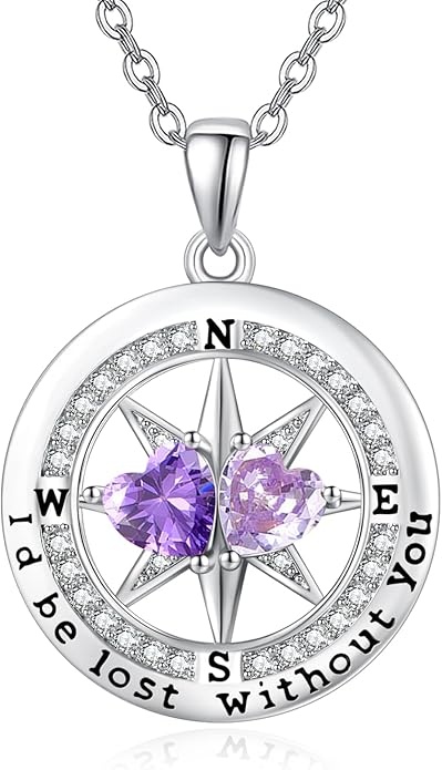 Compass Birthstones Necklace for Women, Exquisite Anniversary Birthday Gifts for Wife Her Double Birthstone Pendant jewelry ‘I'd be Lost Without You’
