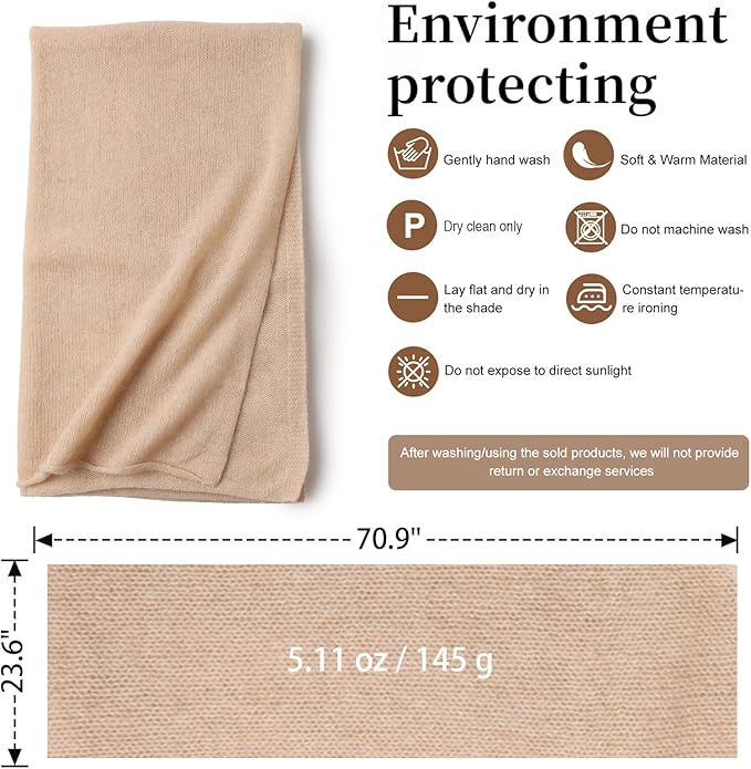 WASALUYA 100% Cashmere Scarf for Women - Knitted Lightweight Travel Wrap, Soft Large Shawl, 71x24 Inches, Luxury Gift