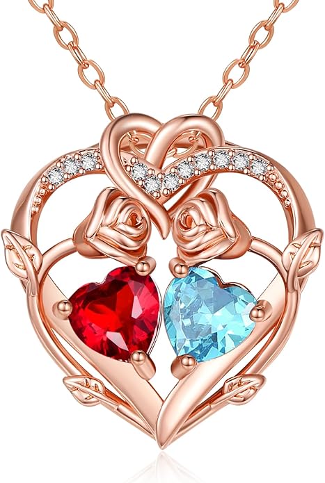Rose Gold Necklaces for Women Double Birthstone Rose Flower Heart Pendant Necklace Jewelry Anniversary Christmas Valentine's Mother's Day Birthday Gift for Wife Mom Her Girlfriend Sister