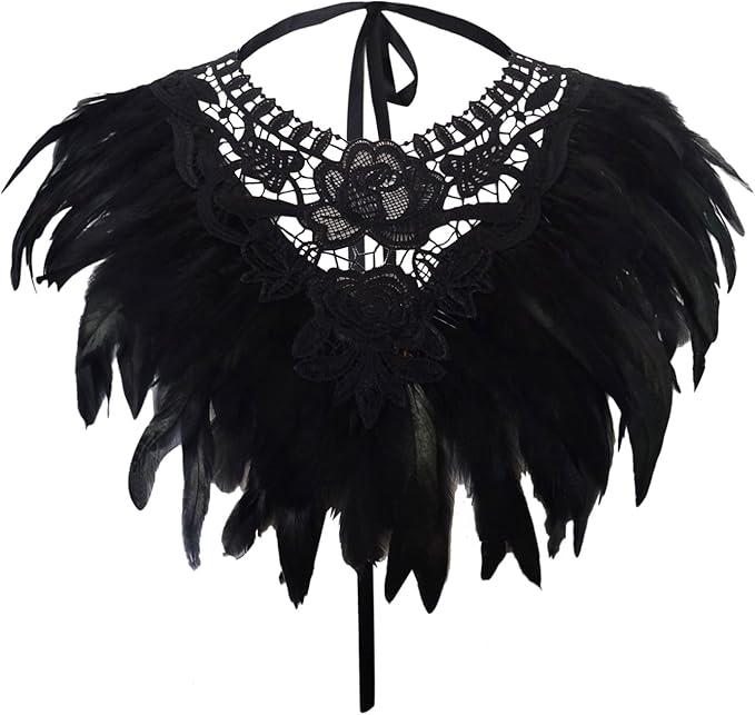 L'VOW Real Black Feather Harness Lace Collar Necklace Bib Halloween