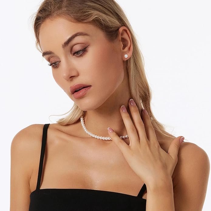 Gold Jewelry Set for Women - Dainty 14K Gold/Silver Plated Pearl Choker Necklace, Drop Earrings & Bracelets - Wedding Trendy Pearl Jewelry Gift