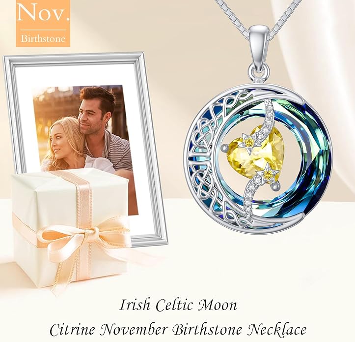 TOUPOP Christmas Gifts Birthstone Necklace 925 Sterling Silver Moon and Star Pendant with Blue Crystal Celtic Moon Jewelry Birthday Gifts for Women Mom Wife Her Daughter