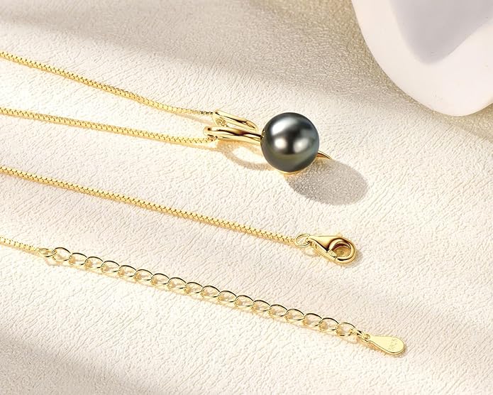 Tahitian Black Pearl Necklaces for Women, Sterling Silver Single Pearl Pendant Necklace Birthday Anniversary Jewelry Gifts for Wife Mom