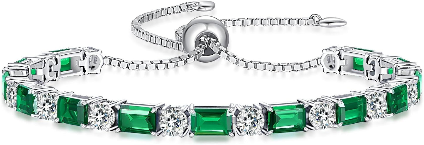 Birthstone Tennis Bracelets for Women White Gold Sterling Silver Gemstone Bracelets Adjustable Chain 6-9 Inchs Jewelry Anniversary Birthday Gifts for Women Mom Wife Her