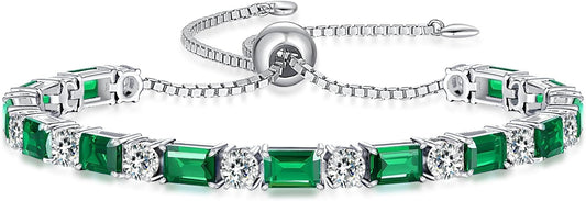 Birthstone Tennis Bracelets for Women White Gold Sterling Silver Gemstone Bracelets Adjustable Chain 6-9 Inchs Jewelry Anniversary Birthday Gifts for Women Mom Wife Her