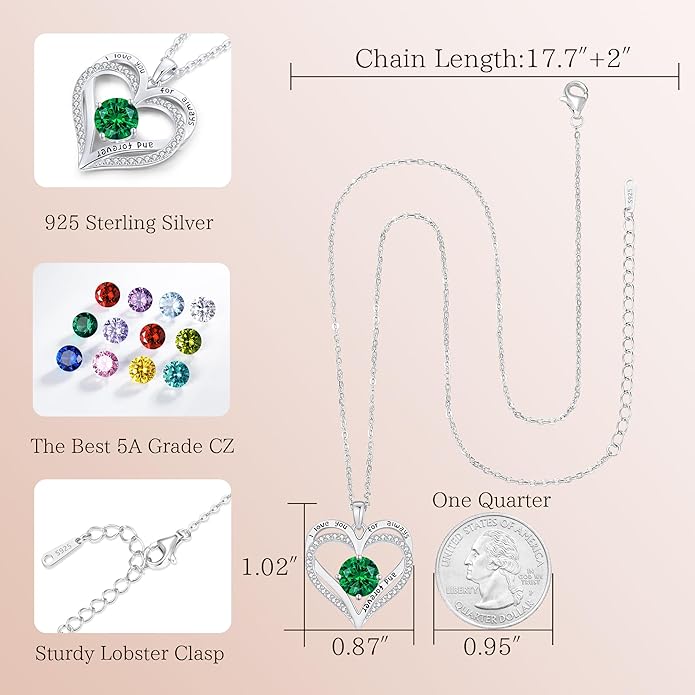 LOUISA SECRET Love Heart Birthstone Necklaces for Women, Birthday Gift for Girlfriend, Anniversary Jewelry Gift for Wife Her, 925 Sterling Silver Women Pendant Necklace, Mother's Day Christams Gift