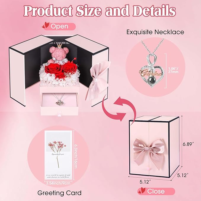 ADDWel Great Gifts for Grandma, Preserved Real Roses with I Love You 100 Languags Grandma Silver Necklace, Cute Bear and Eternal Roses for Grandmother Nana Birthday Christmas Valentines Day