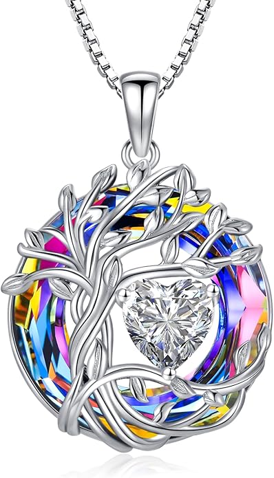 TOUPOP Christmas Gifts Tree of Life Birthstone Necklace 925 Sterling Silver Pendant Austrian Crystal Jewelry Anniversary Birthday Gifts for Women Mom Her Wife