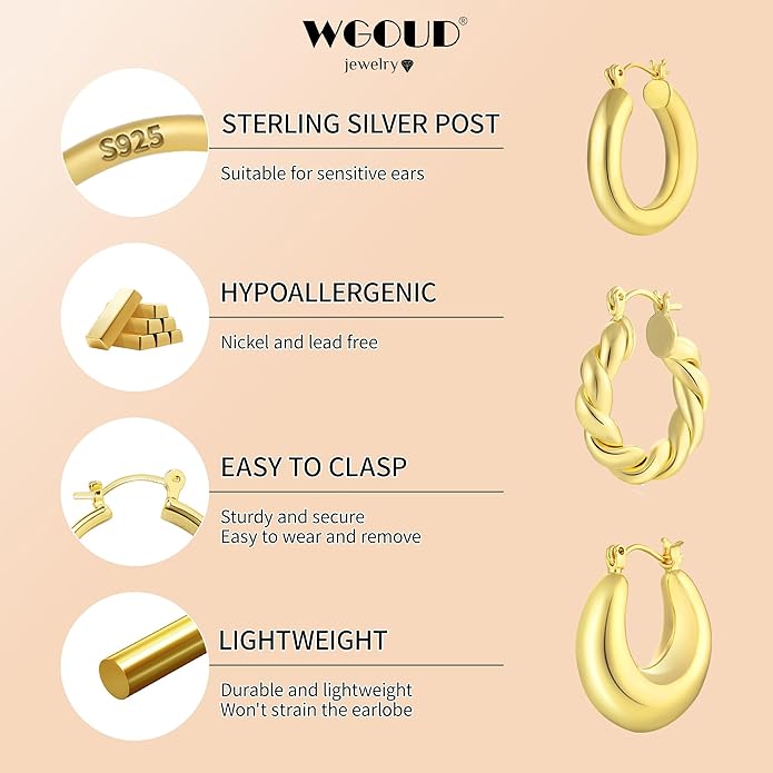 WGOUD 3Pairs 14K Gold Plated Chunky Hoop Earrings Set for Women, Trendy Hoop Earring 925 Sterling Silver Post - Hypoallergenic Thick Lightweight Twisted Hoops Dainty Gold Earrings for Women Jewelry Gifts