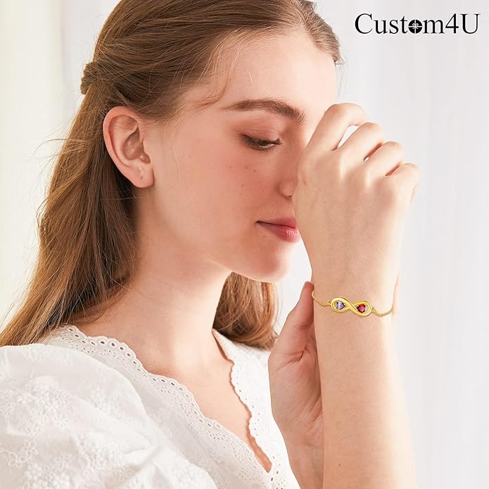 Custom4U Personalized Infinity Love Symbol Link Bracelets for Women 925 Sterling Silver Birthstone Bracelet Adjustable Engraved Chain Christmas Mother's Day Birthday Jewelry Gifts for Mom Her
