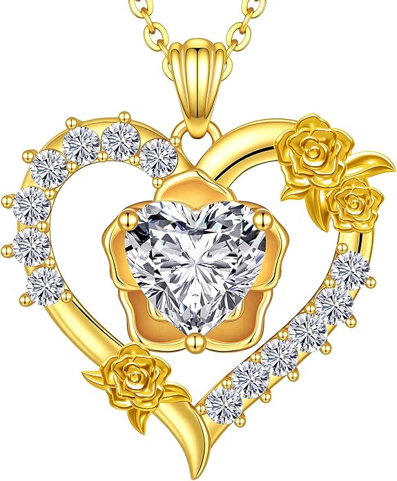 Beam & Bask Rose Flower Love Heart Necklace for Wife, 2-3 Carat Moissanite Women's Pendant, Sterling Silver Plated with 18K Gold, Anniversary Birthday Wedding Jewelry for Girlfriend Soulmate Her