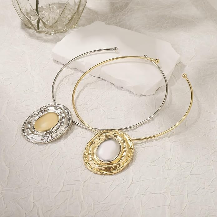 Fashion Chunky Statement Necklaces - African Choker Necklace with Gold Oval Pendant,Tribal Collar Necklace Hammered Metal Jewelry for Women