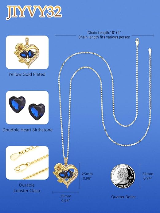 Sunflower Heart Necklace for Women 14K Gold Exquisite Anniversary Birthday Gifts for Wife Mother Her Double Birthstone Pendant jewelry‘You Are My Sunshine’