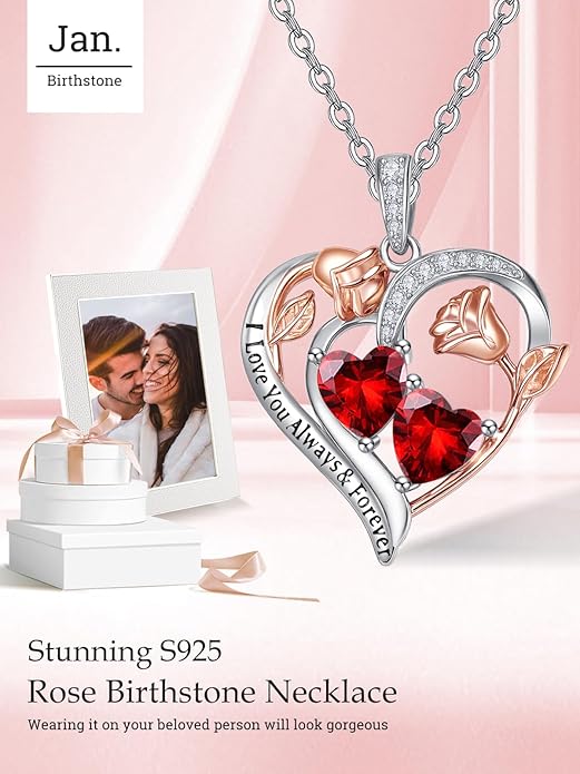 Zeuslia Double Birthstone Necklace Gifts for Wife - 925 Sterling Silver Sunflower/Rose/Crown Cross/Compass/Heart Pendant I Love You Necklace, Anniversary Birthday Gifts for Wife Girlfriend Mom Her