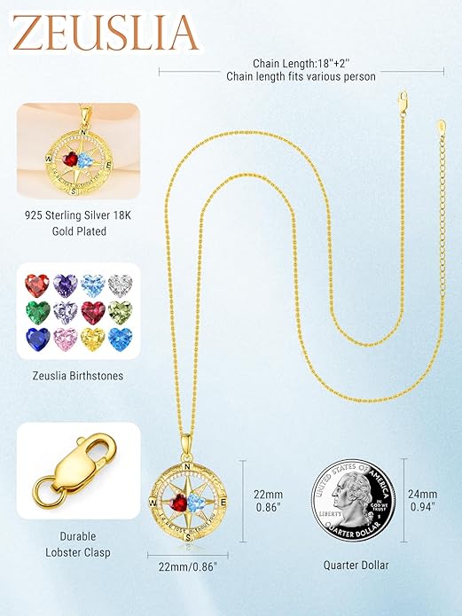 Zeuslia Double Birthstone Necklace Gifts for Wife - 925 Sterling Silver Sunflower/Rose/Crown Cross/Compass/Heart Pendant I Love You Necklace, Anniversary Birthday Gifts for Wife Girlfriend Mom Her