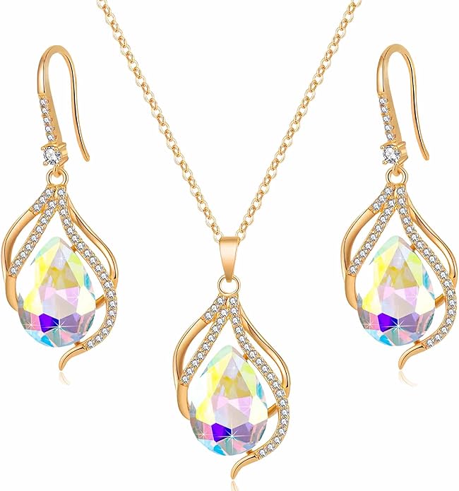 EVEVIC Austrian Crystals Teardrop Hollow Twisted Pendant Necklace Earrings for Women 14K Gold Plated Halo Drop Dangle Earrings Hypoallergenic Jewelry Set