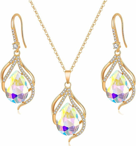 EVEVIC Austrian Crystals Teardrop Hollow Twisted Pendant Necklace Earrings for Women 14K Gold Plated Halo Drop Dangle Earrings Hypoallergenic Jewelry Set