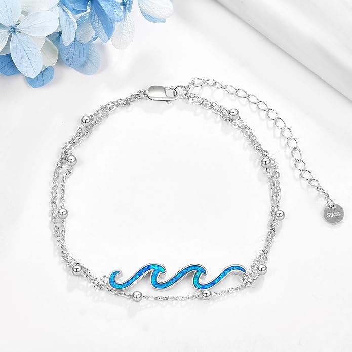 YFN Wave Anklet 925 Sterling Silver Ocean Wave Layered Ankle Bracelet Wave Beach Jewelry for Women Gifts