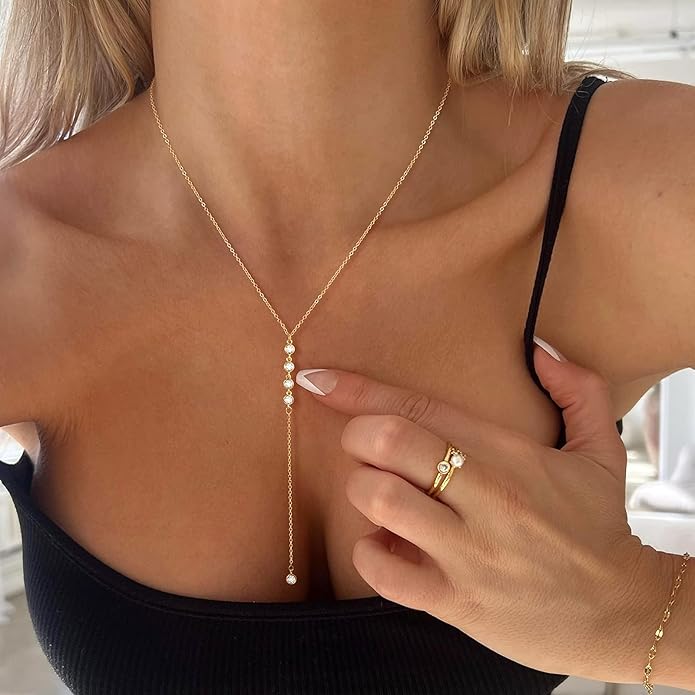 Zeffy Lariat Gold Necklace for Women, Dainty Long Necklace 14k Gold/Silver Plated Layered CZ Beaded Bar Chain Y-Shaped Body Chain Stack Drop Wedding Necklace Trendy Simple Gold Jewelry Gifts