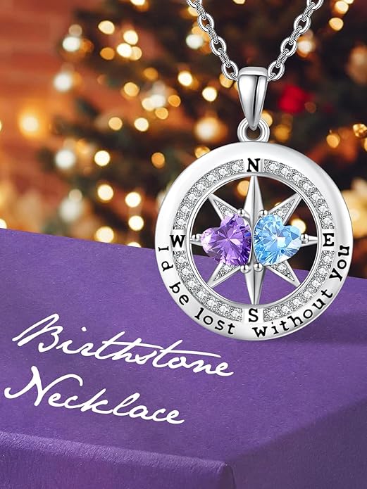 Compass Birthstones Necklace for Women, Exquisite Anniversary Birthday Gifts for Wife Her Double Birthstone Pendant jewelry ‘I'd be Lost Without You’