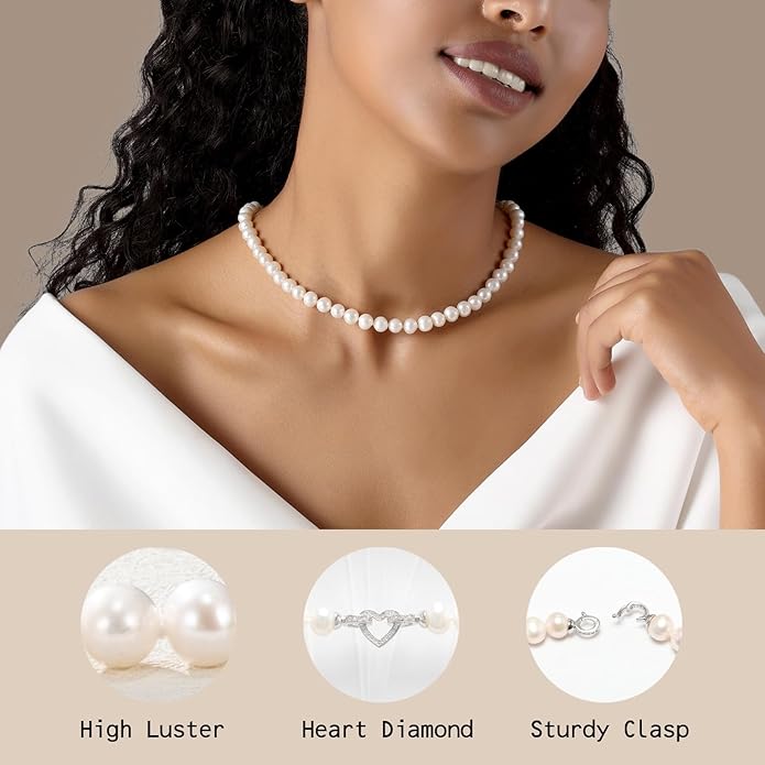 Freshwater Cultured Pearl Necklace, Real Pearl Necklace with Silver Chain and Clasp, Jewelry for Brides Wedding Gifts for Women Her Wife Sister