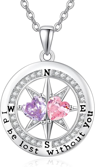 Compass Birthstones Necklace for Women, Exquisite Anniversary Birthday Gifts for Wife Her Double Birthstone Pendant jewelry ‘I'd be Lost Without You’