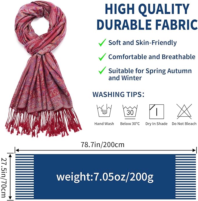 QIUTIMIY Paisley Pashmina Shawl Wrap Women Reversible Vintage Jacquard Pashmina Rave Scarf with Fringe for Evening, Wedding