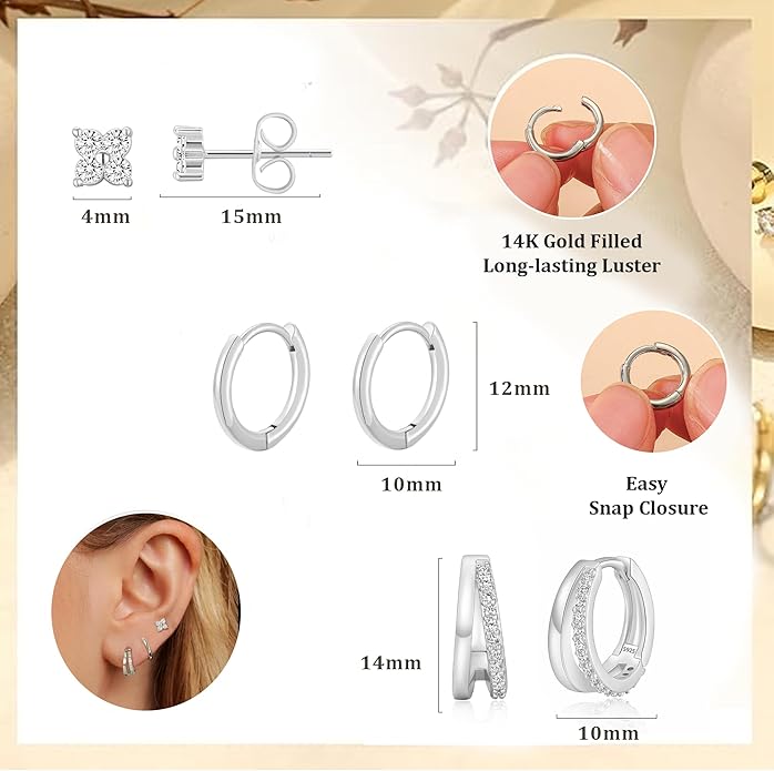 DORANA Valentines Day Gift 3 Pairs 925 Sterling Silver Earrings for Women Girls Non Tarnish Small Hypoallergenic Huggie Hoops Cartilage Stack Earring Sets for Multiple Piercing