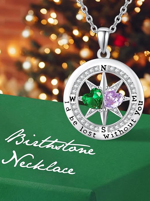 Compass Birthstones Necklace for Women, Exquisite Anniversary Birthday Gifts for Wife Her Double Birthstone Pendant jewelry ‘I'd be Lost Without You’