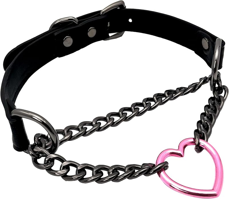 Black Leather Choker Collar For Women, Handmade Heart Slip Chain Choker Long Necklace with Adjustable Buckle