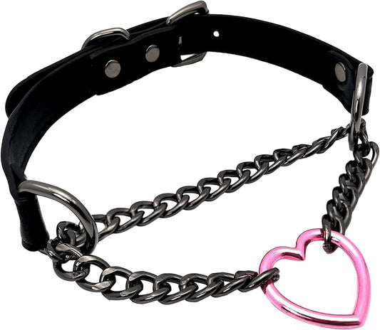 Black Leather Choker Collar For Women, Handmade Heart Slip Chain Choker Long Necklace with Adjustable Buckle
