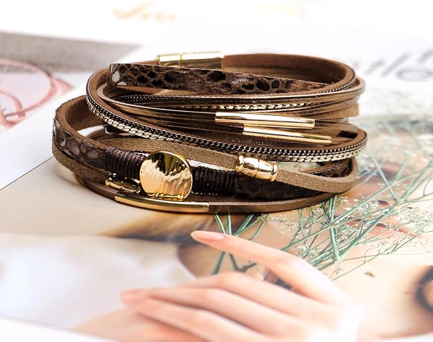 Fesciory Leopard Bracelet for Women, Boho Leather Wrap Multi-Layer Pearl Crystal Bracelet Bangle Jewelry