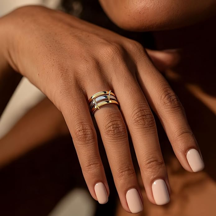 IHOKIT Stackable Rings for Women, 18k Gold Rings for Women Non tarnish, Silver Gold Multi Ring Mixed Metals Stack Rings Set,Jewelry Gift for Women