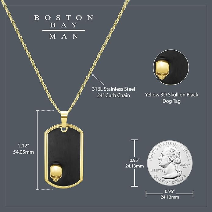 Boston Bay Men’s Black Dog Tag Necklace, 316L Stainless Steel Pendant with 24 Inch Fine Cuban Curb Link Chain