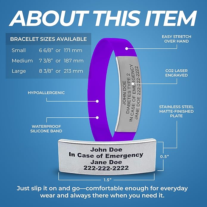Personalized Medical Alert Bracelet for Men & Women – Custom Engraved Waterproof Silicone Wristband with Stainless Steel ID Plate – Medical ID Bracelet for Allergies, Conditions, ICE Info & Emergency Card