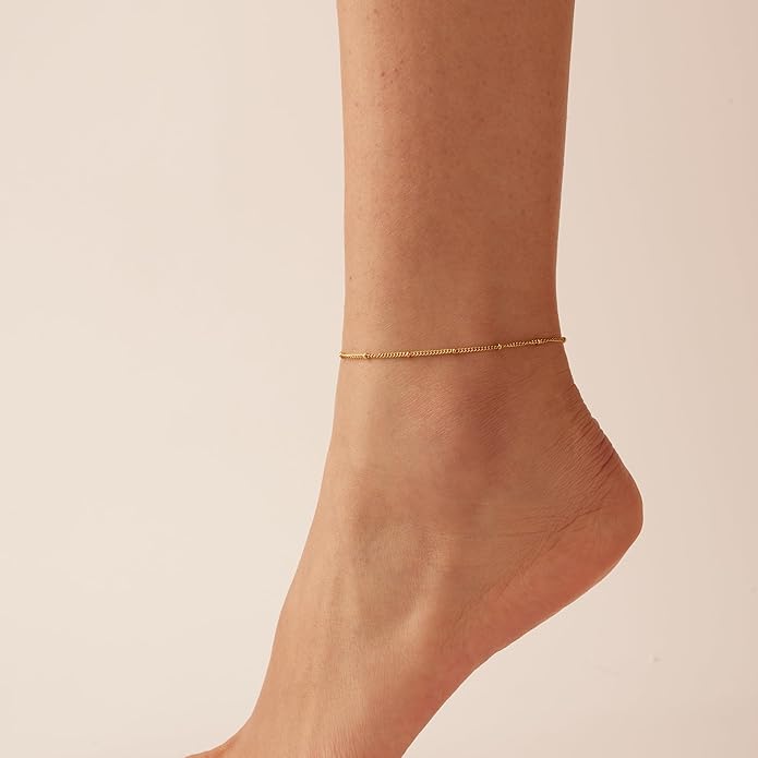 Ankle Bracelets for Women Dainty 18K Gold Plated Anklet Waterproof Round Beaded Paperclip Herringbone Pearl Chain Anklets Waterproof Beach Foot Jewelry