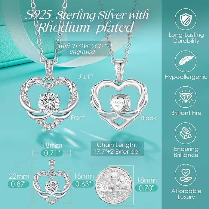 OOBEE Moissanite Heart Necklace for Women 925 Sterling Silver Fine Jewelry Twist Pendant, Valentine Anniversary Birthday Gift for Wife, Mom, Girlfriend