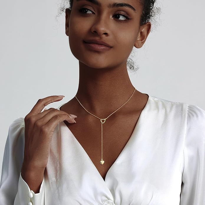 Lariat Gold Necklace for Women, Dainty Long Necklace 14k Gold Plated/Silver Y-Shaped Layered Beaded Chain Drop Necklaces for Women Trendy Simple Gold Jewelry for Women Gifts