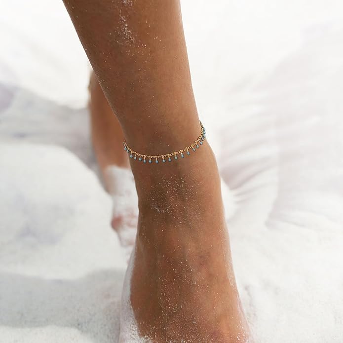 MTMY Gold Anklets for Women 14K Gold Plated Tiny Bead Anklet Colorful Tassel Foot Chain Dainty Adjustable Cute Summer Beach Boho Anklets Jewelry Gift