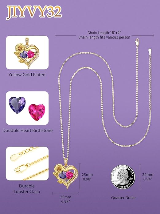 Sunflower Heart Necklace for Women 14K Gold Exquisite Anniversary Birthday Gifts for Wife Mother Her Double Birthstone Pendant jewelry‘You Are My Sunshine’