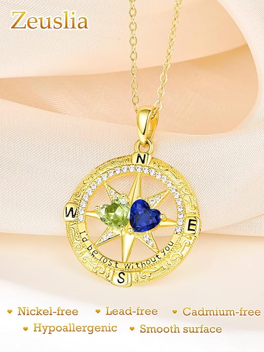 Zeuslia Double Birthstone Necklace Gifts for Wife - 925 Sterling Silver Sunflower/Rose/Crown Cross/Compass/Heart Pendant I Love You Necklace, Anniversary Birthday Gifts for Wife Girlfriend Mom Her