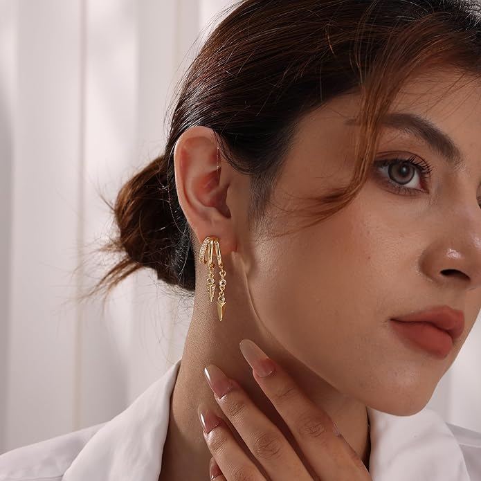 Dangle Earrings for Women,14k Gold Plated Triple Huggie Stud Earrings Dainty Drop Earrings for Women Trendy Gold Statement CZ Long Chain Earrings Non Tarnish Jewelry