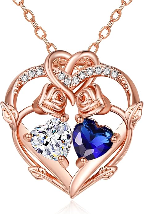 Rose Gold Necklaces for Women Double Birthstone Rose Flower Heart Pendant Necklace Jewelry Anniversary Christmas Valentine's Mother's Day Birthday Gift for Wife Mom Her Girlfriend Sister