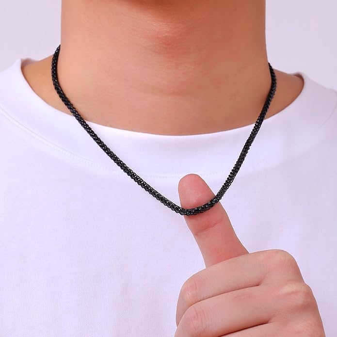 Fiusem Black Wheat Chains for Men and Women, 2/2.5/3/4/5mm Stainless Steel Necklace Chain, Mens Necklace Jewelry Gift 16-28 Inch
