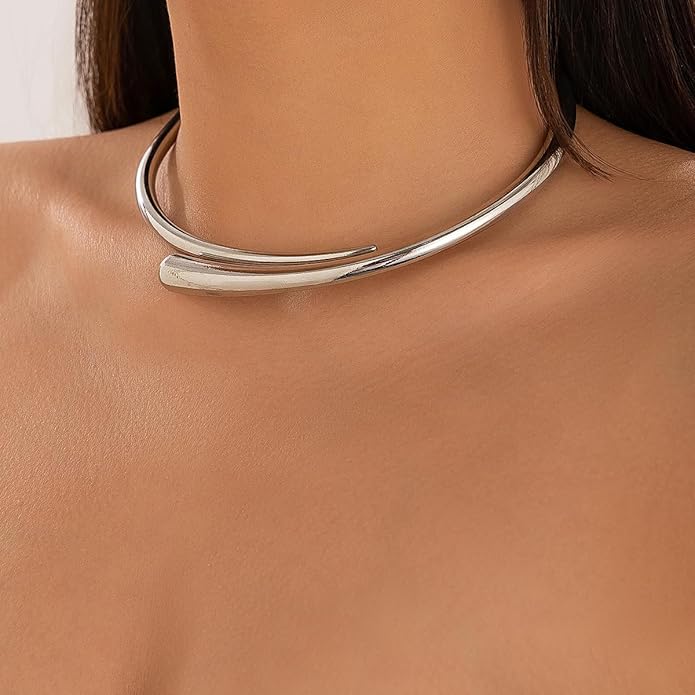 Chunky Choker Collar Necklace Gold Silver Metal Smooth Spring Open Teardrop Choker Statement Open Round Collar Necklace Trendy Minimalist Necklace for Women
