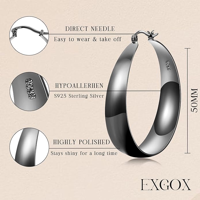 EXGOX Gold Hoop Earrings for Women Sterling Silver Post Hoops Earrings for Women Wide Thick Silver Hoop Earrings Hypoallergenic Lightweight 14k Real Gold Plated Hoop Large Earrings (25/30/40/50MM)