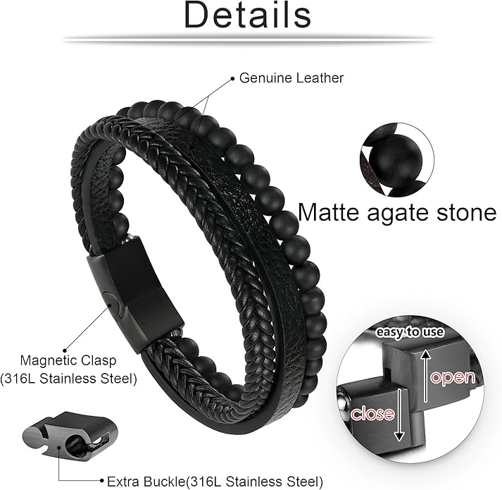 Gifts for Men - Layered Leather Beads Bracelet, Tiger Eye Lava Rock Stone Braided Leather Bracelets for Men Adjustable Magnetic Clasp Birthday Gifts