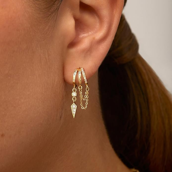 Dangle Earrings for Women,14k Gold Plated Triple Huggie Stud Earrings Dainty Drop Earrings for Women Trendy Gold Statement CZ Long Chain Earrings Non Tarnish Jewelry