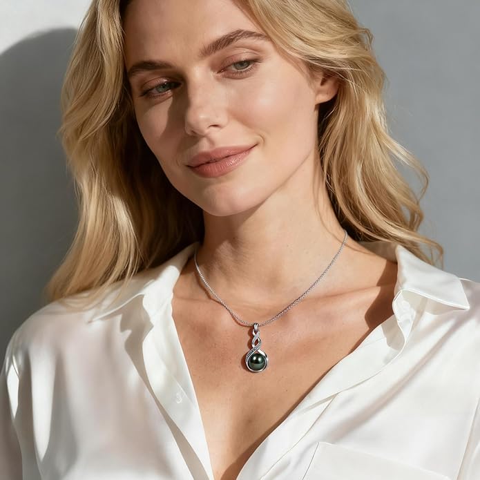 Genuine Tahitian Black Pearl Necklaces for Women, 9-12mm AAAA Seawater Pearl - Sterling Silver Moissanite Pendant, Wedding Anniversary, Birthday, Christmas Gift for Wife, Mom, Girlfriend, Fine Jewelry